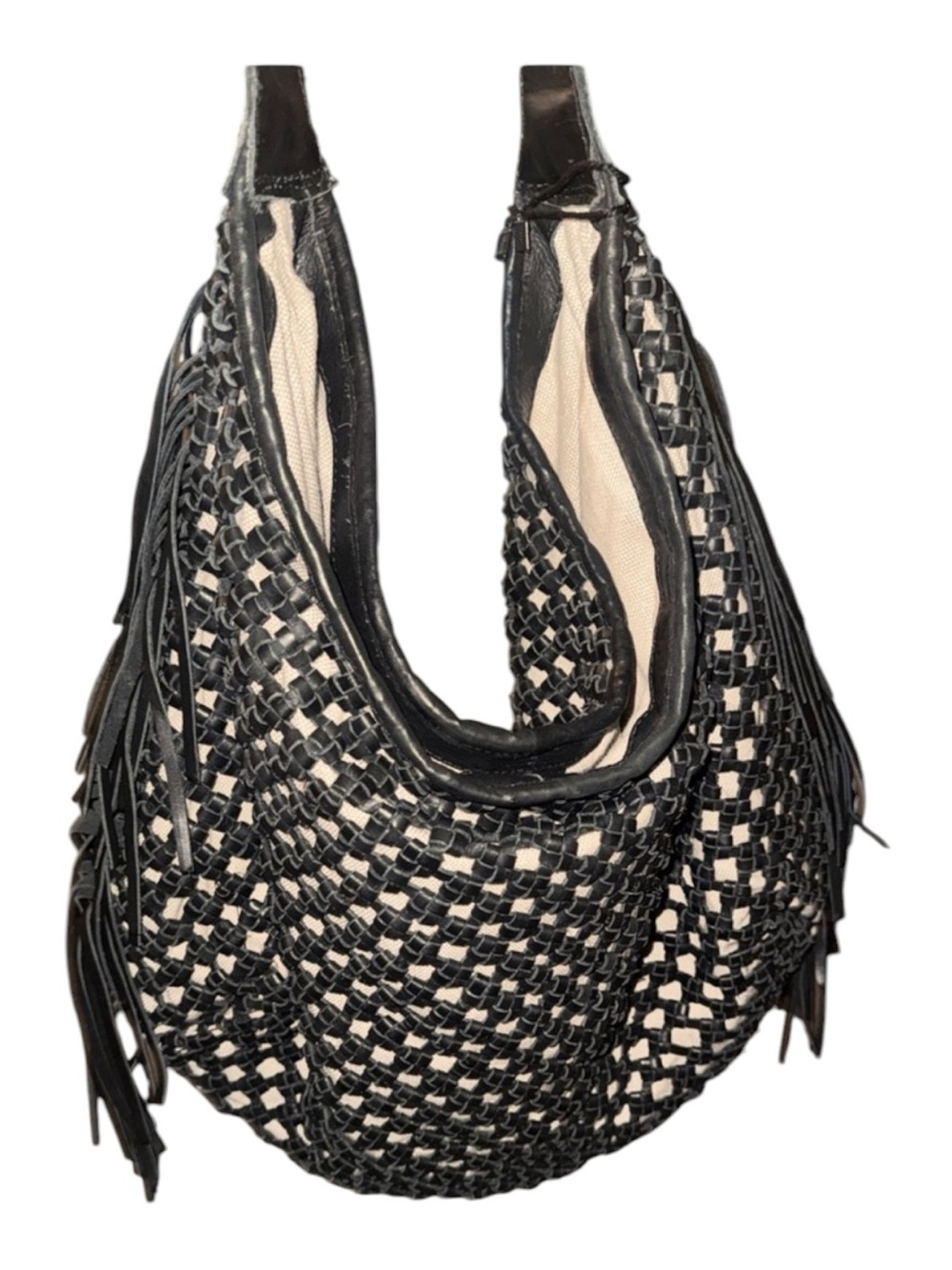 Woven Fringe Shoulder Bag in Black and Cream